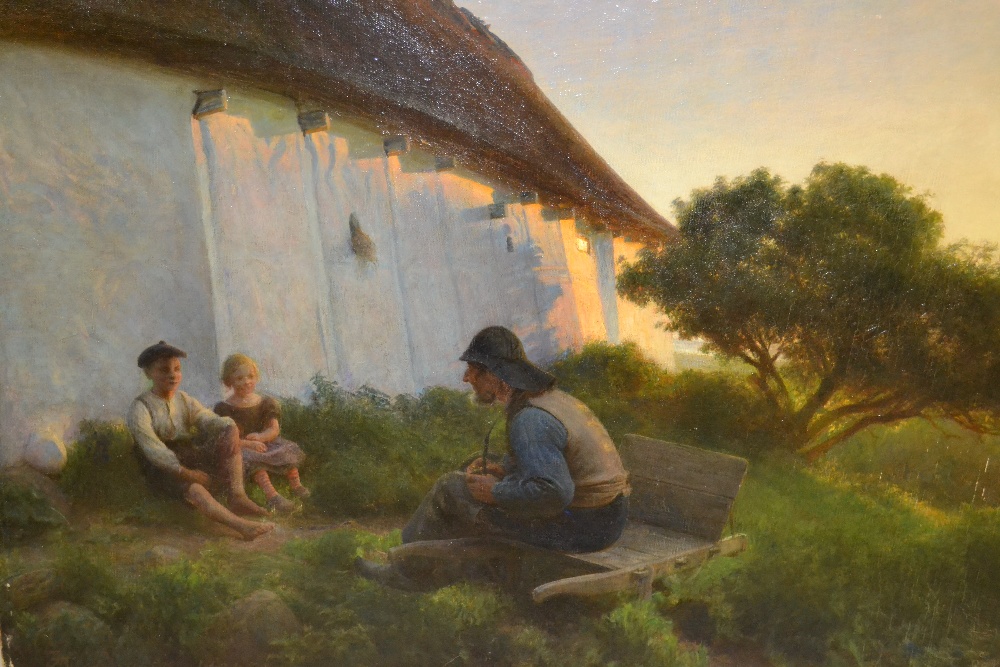 Hans Ole Brasen, oil on canvas, figures outside a fisherman's cottage at sunset, signed and dated