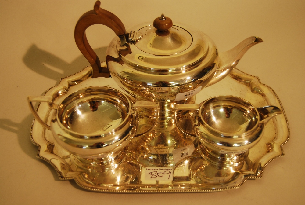Sheffield silver three piece tea service with boxwood handle, makers mark R.F.M. together with a