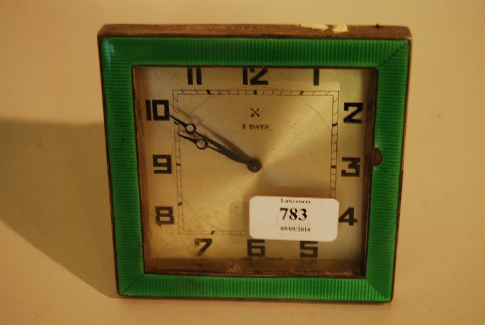 Birmingham silver framed green enamel square form mantel clock (a/f)