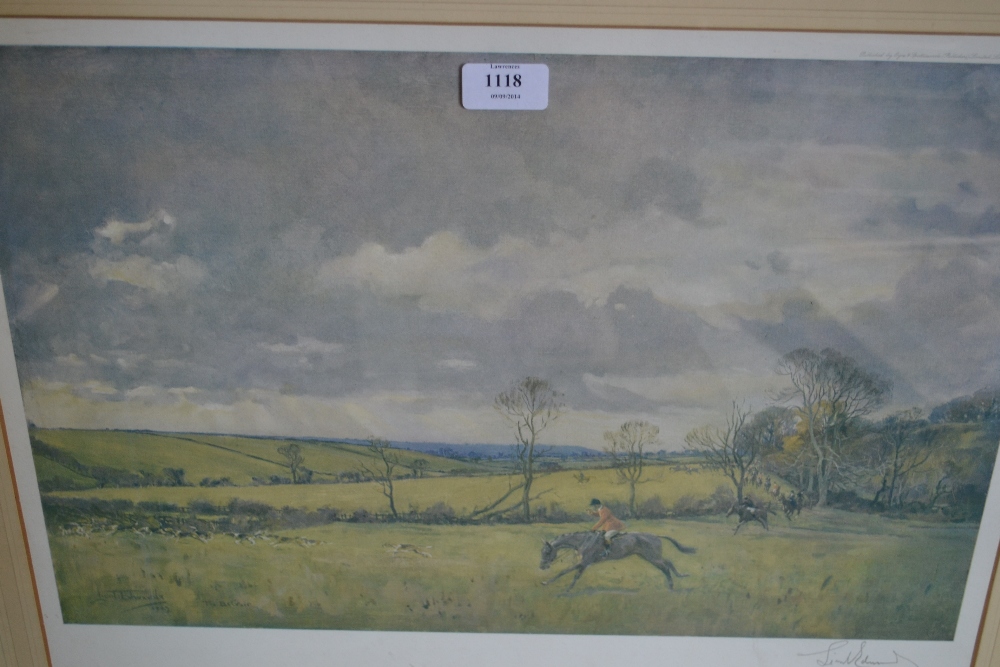 Lionel Edwards, signed coloured print, hunting scene together with another similar print