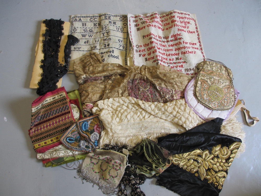 Silk shawl, two Victorian samplers, other textiles, various fragments of silk work etc