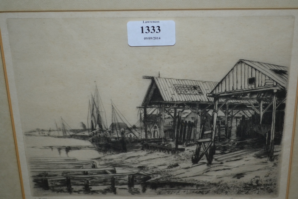 George Fawcett, signed etching, view of a boatyard, together with E. Popple, signed etching, view of
