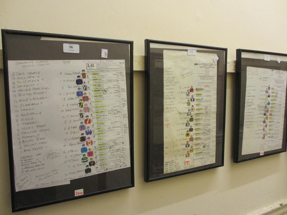 Three framed race cards used by race commentator Peter Bromley