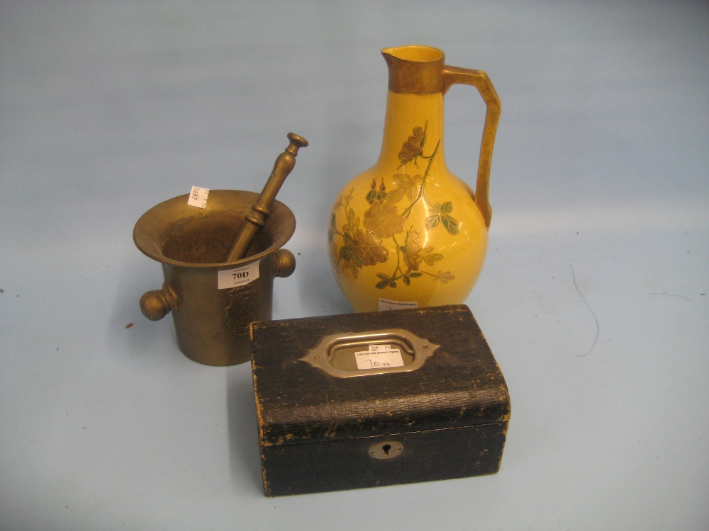 Brass pestle and mortar, Victorian jewel box and a pottery jug
