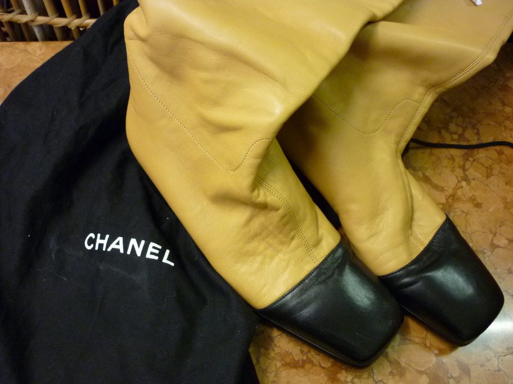 Pair of ladies Chanel size 5 Italian made beige and black leather boots in cloth bag