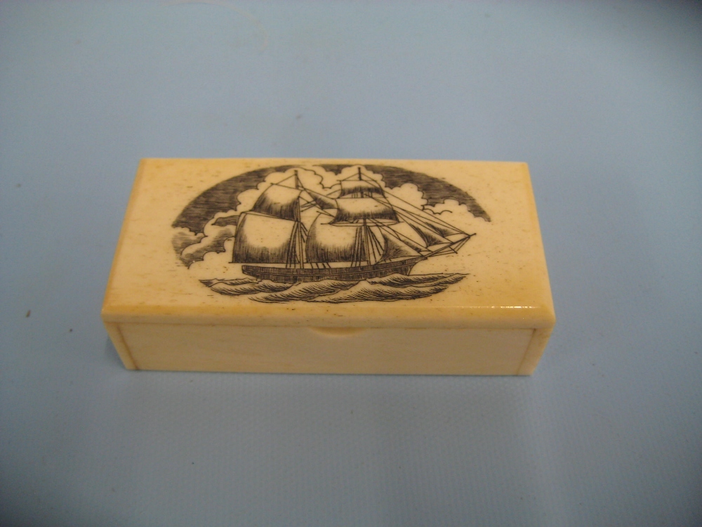 Small rectangular bone box engraved with shipping scene