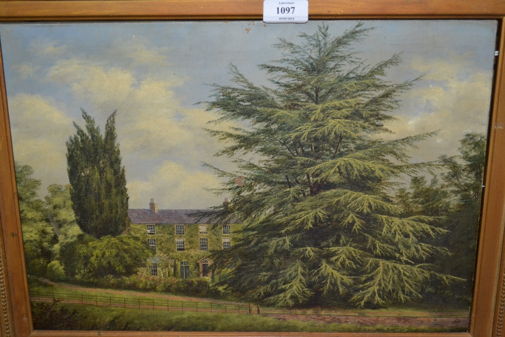 John J. Marshall, oil on canvas, view of a country house beyond a fir tree, signed with monogram and