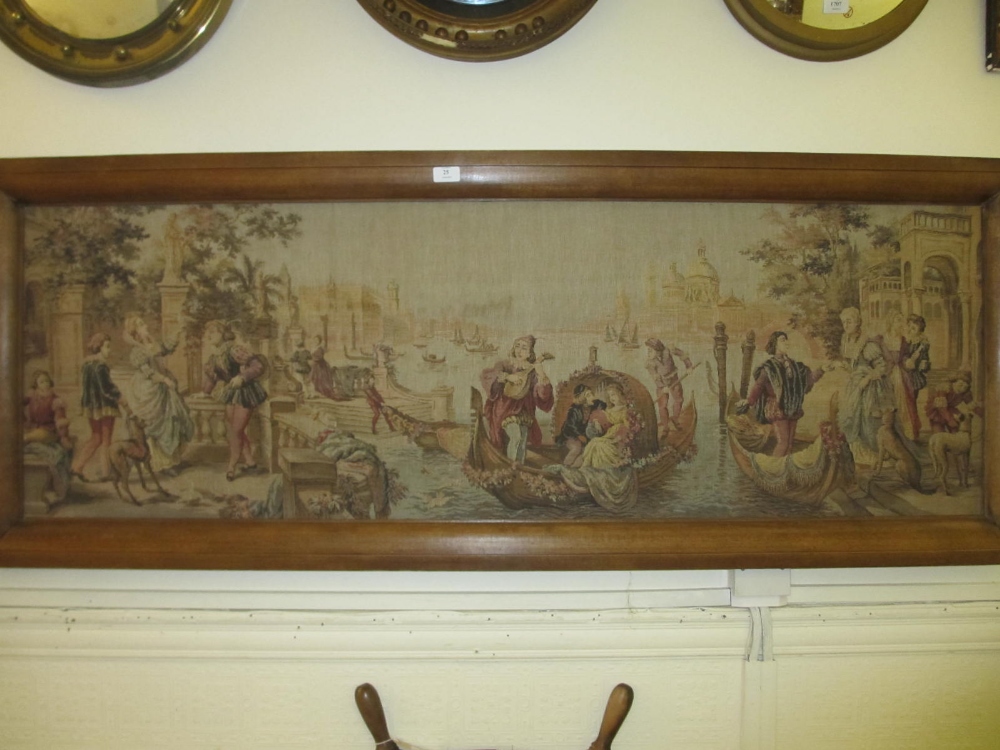 Large oak framed machine woven tapestry picture, Venice canal scene with figures and gondolas