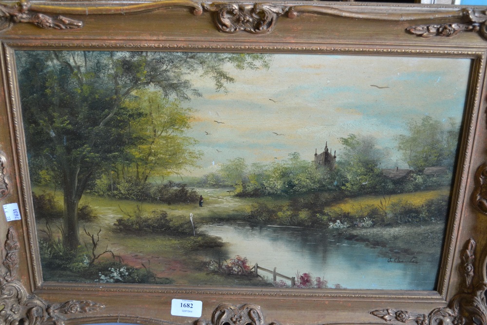 Pair of 19th Century oils on board, landscapes, with ponds and figures , signed Cluxton, housed in