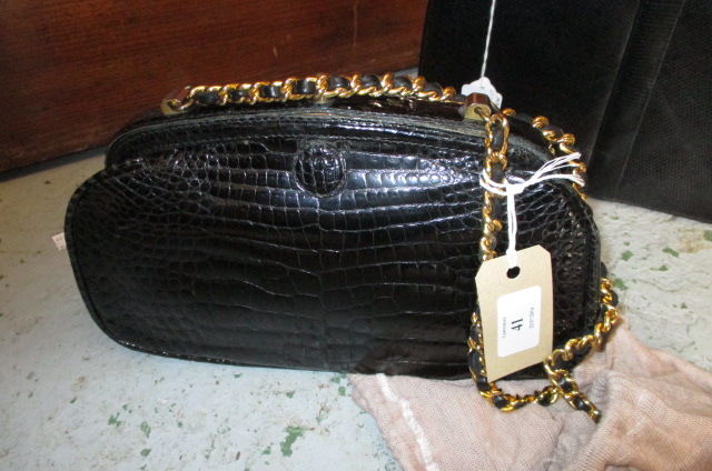 Black crocodile leather handbag, circa 1950 (replacement strap)