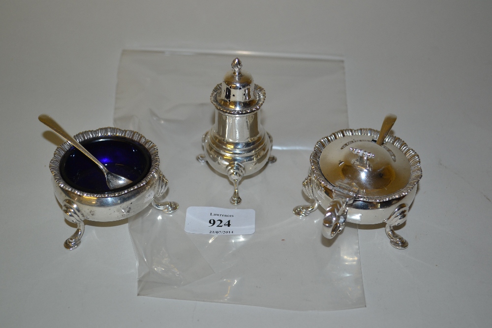 Birmingham silver three piece condiment set in 18th Century style