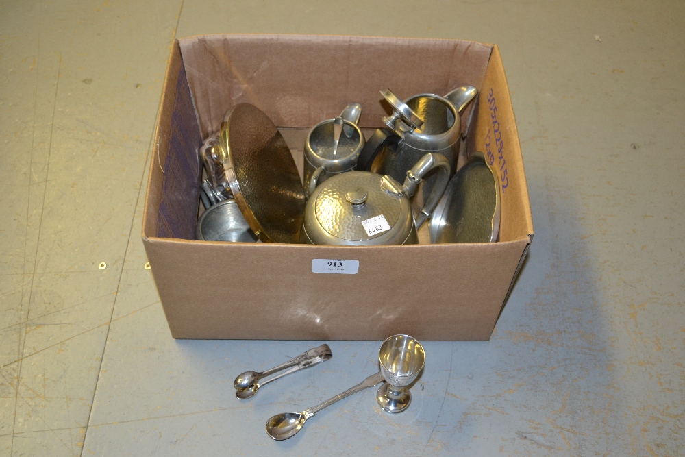 Small silver trophy cup, a 19th Century silver mustard spoon, pair of plated sugar tongs, four piece