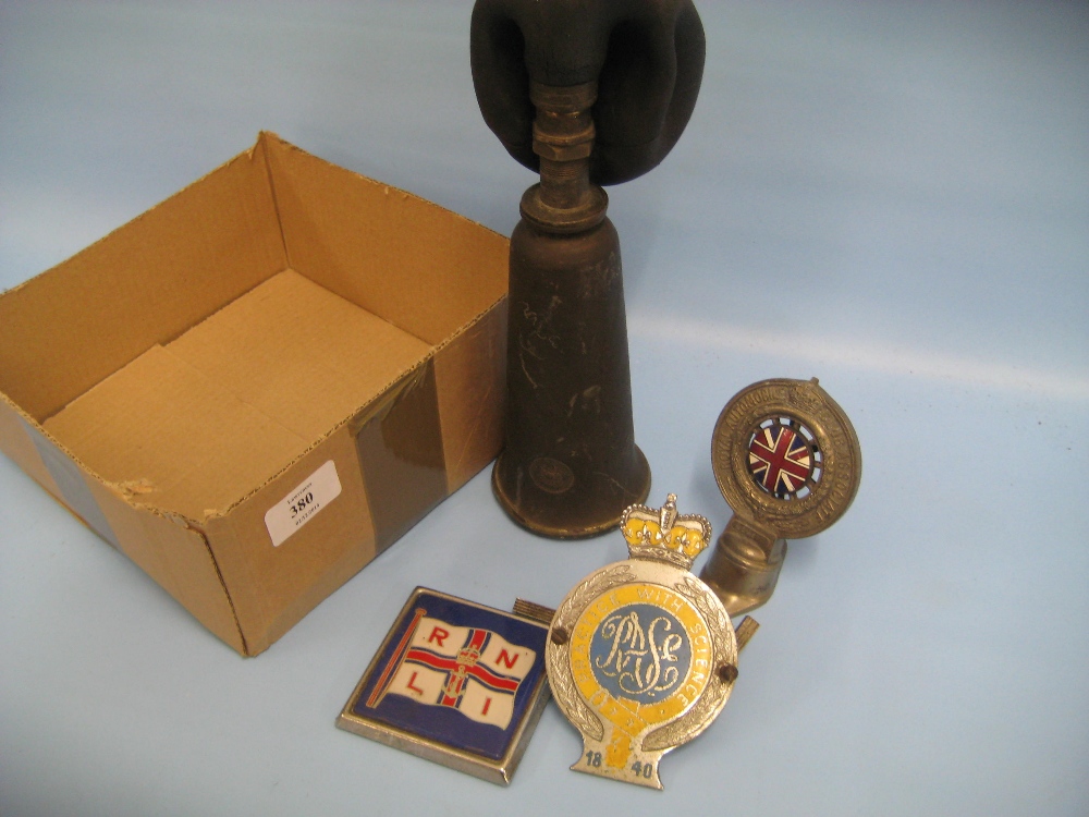 Powell and Hanmer Ltd, Birmingham brass car horn together with three car badges