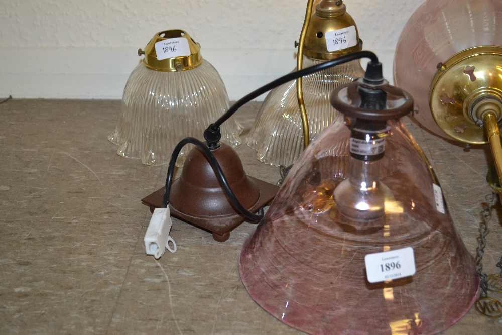 Three various glass and brass mounted light fittings, together with a glass and brass mounted lamp