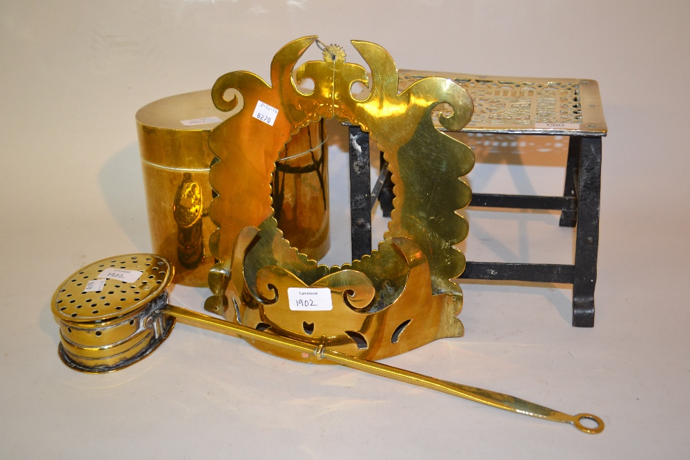 19th Century brass and iron trivit, brass chestnut roaster, brass wall sconce and oval brass box