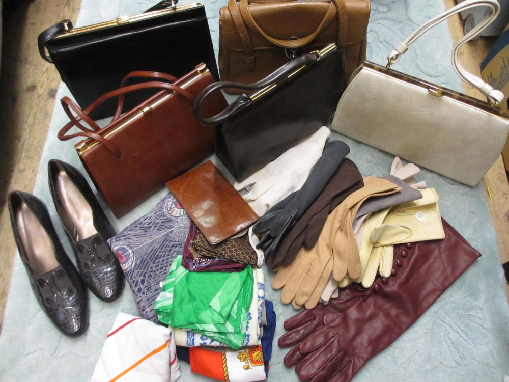 Box containing a quantity of various vintage handbags, scarves, gloves etc, two pairs of Chanel