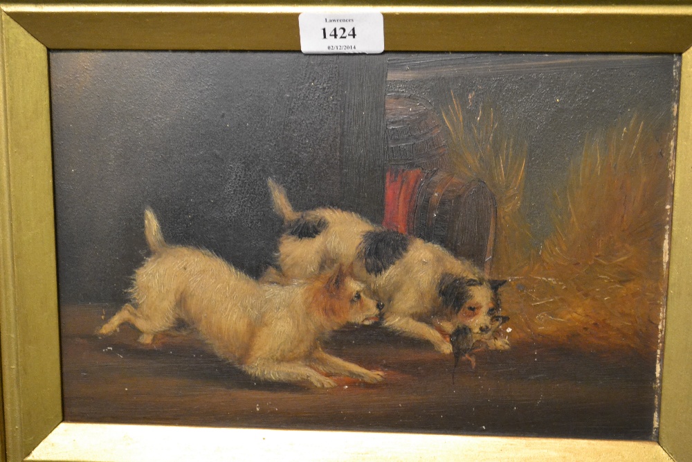 Manner of George Armfield, pair of oil paintings on panel, terriers ratting in barn interiors, 7. - Image 2 of 2