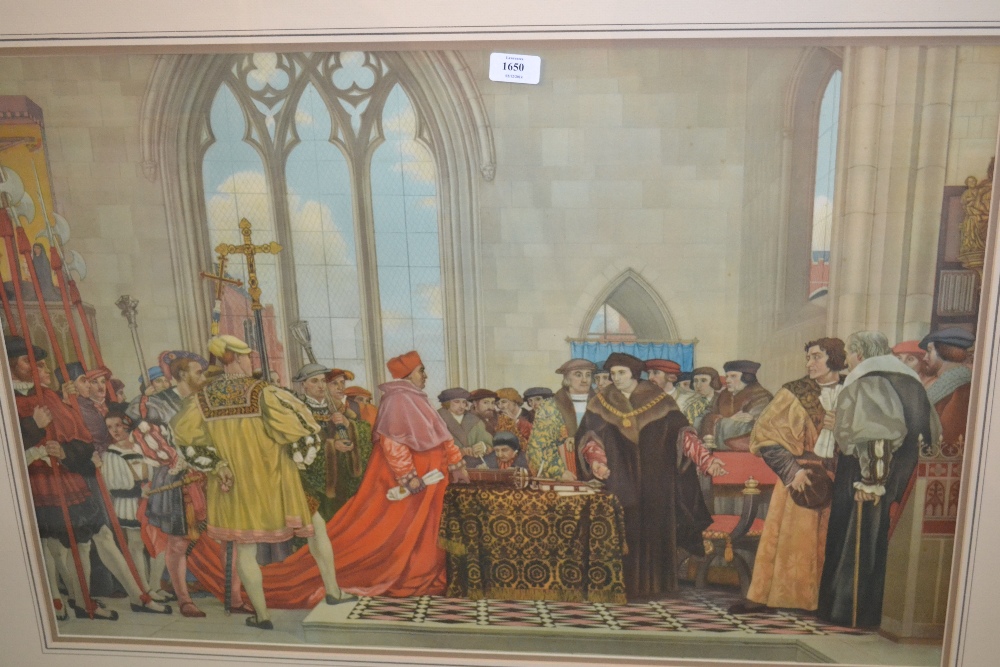 Large gilt framed colour print of a Tudor court scene together with a quantity of other