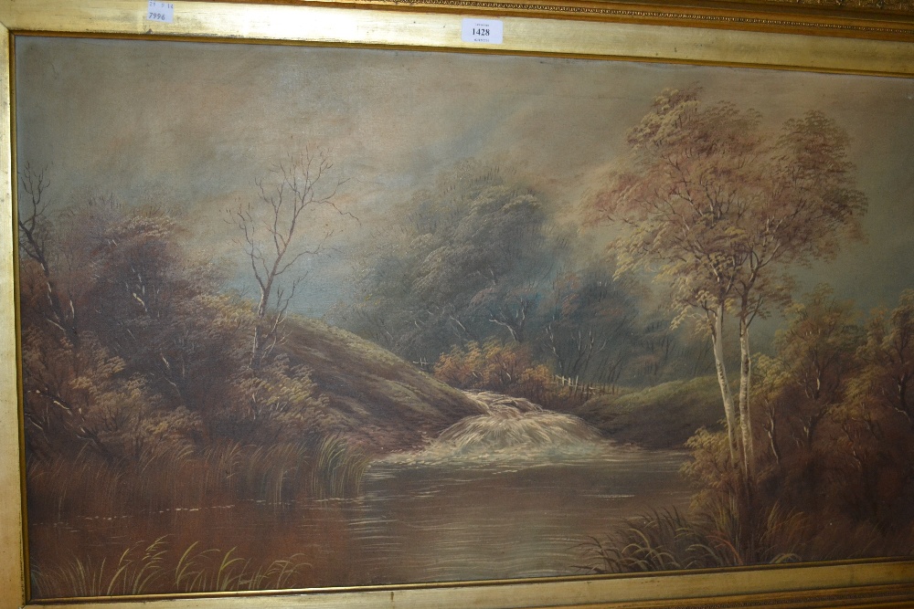 Late 19th / early 20th Century English school, oil on canvas, river landscape, 20ins x 35ins, gilt