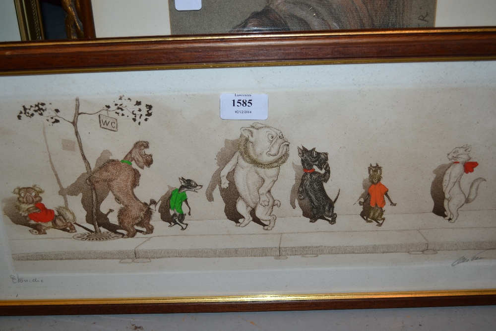 Pair of French coloured engravings, humorous dog scenes