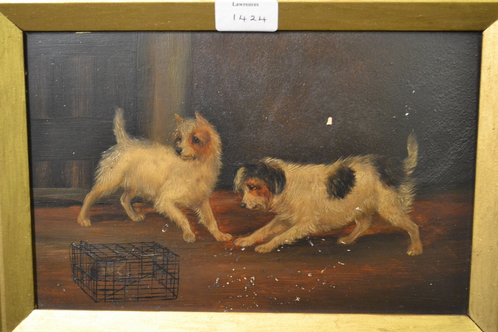 Manner of George Armfield, pair of oil paintings on panel, terriers ratting in barn interiors, 7.