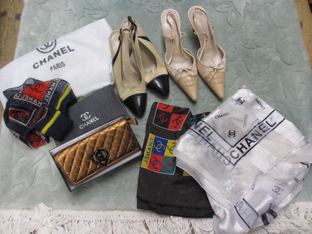 Box containing a quantity of various vintage handbags, scarves, gloves etc, two pairs of Chanel - Image 2 of 3