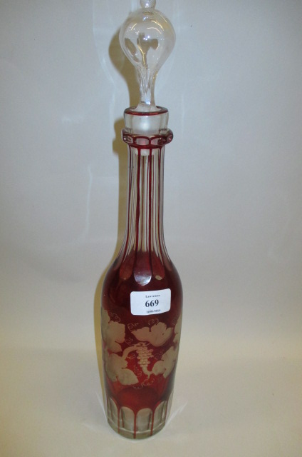 Tall 19th Century red overlay cut and etched decanter with stopper