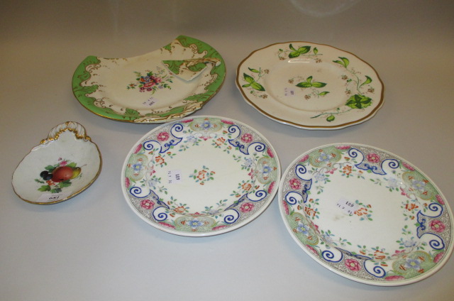 Small late Meissen dish decorated with fruit, pair of Minton plates and three various other 19th