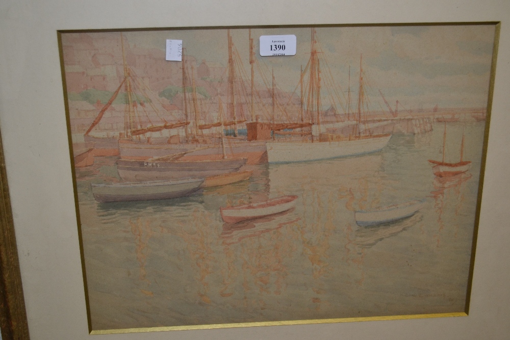 W.E. Willats, watercolour, harbour scene with moored fishing boats, signed and dated '86, 14ins x