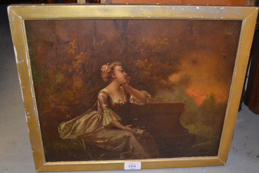 Framed oil, study of a young lady seated in a garden at sunset, 12ins x 15.5ins