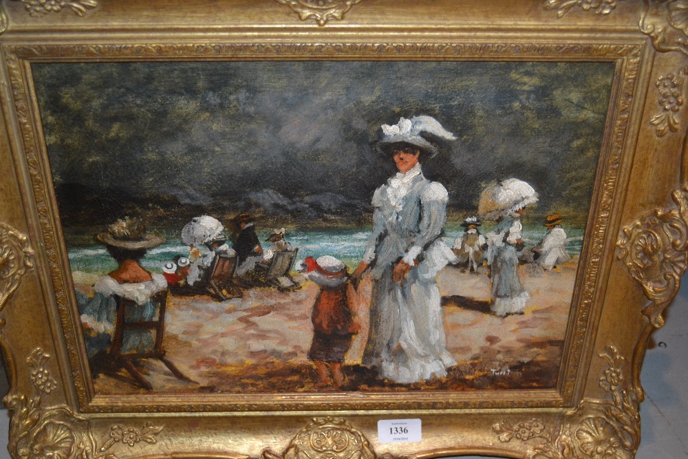 Impressionist style oil on canvas, figures by a river on a summers day, indistinctly signed, 11.5ins