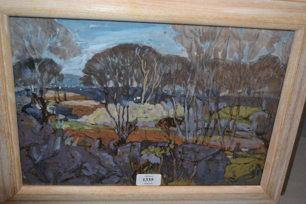 Jean Aubery, signed gouache, landscape with dwellings to foreground, 10ins x 14ins