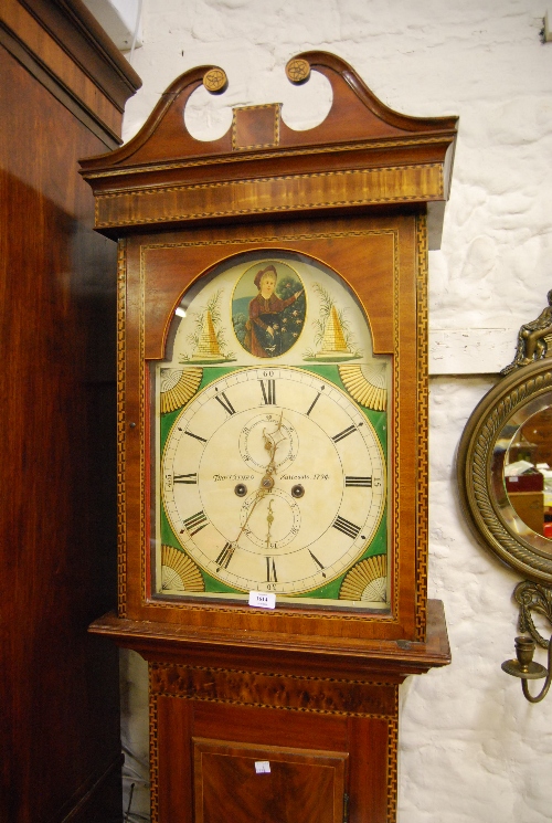 Early 19th Century mahogany crossbanded and chequer inlaid longcase clock, the arched hood with swan