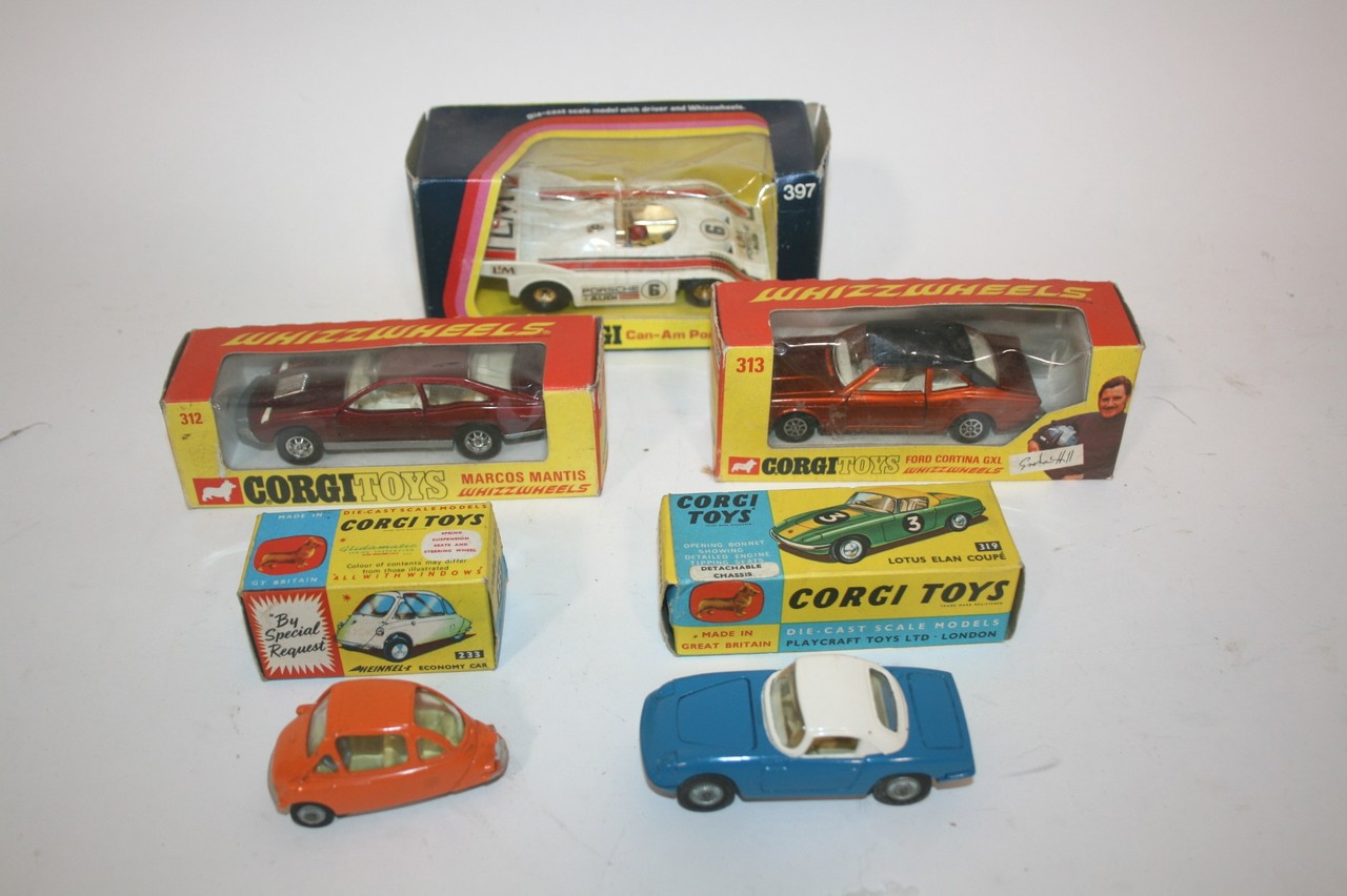 CORGI TOYS 5 boxed models, 319 Lotus Elan Coupe, 233 Heinkel, 312 Marcos Mantis, 313 Ford Cortina,