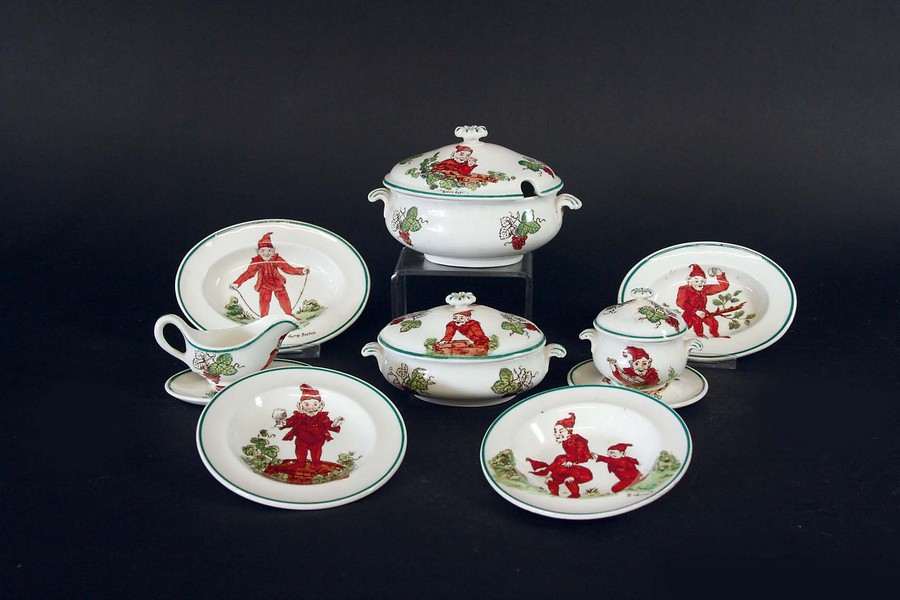 A WEDGWOOD CHILDS DINNER SERVICE each piece printed with a leprechaun, comprising: soup tureen and