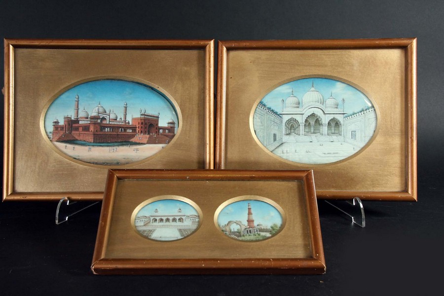 A PAIR OF INDIAN DELHI SCHOOL VIEWS OF PALACES on ivory, 3 3/4ins.(9.5cms.) x 5ins. (12.5cms.),