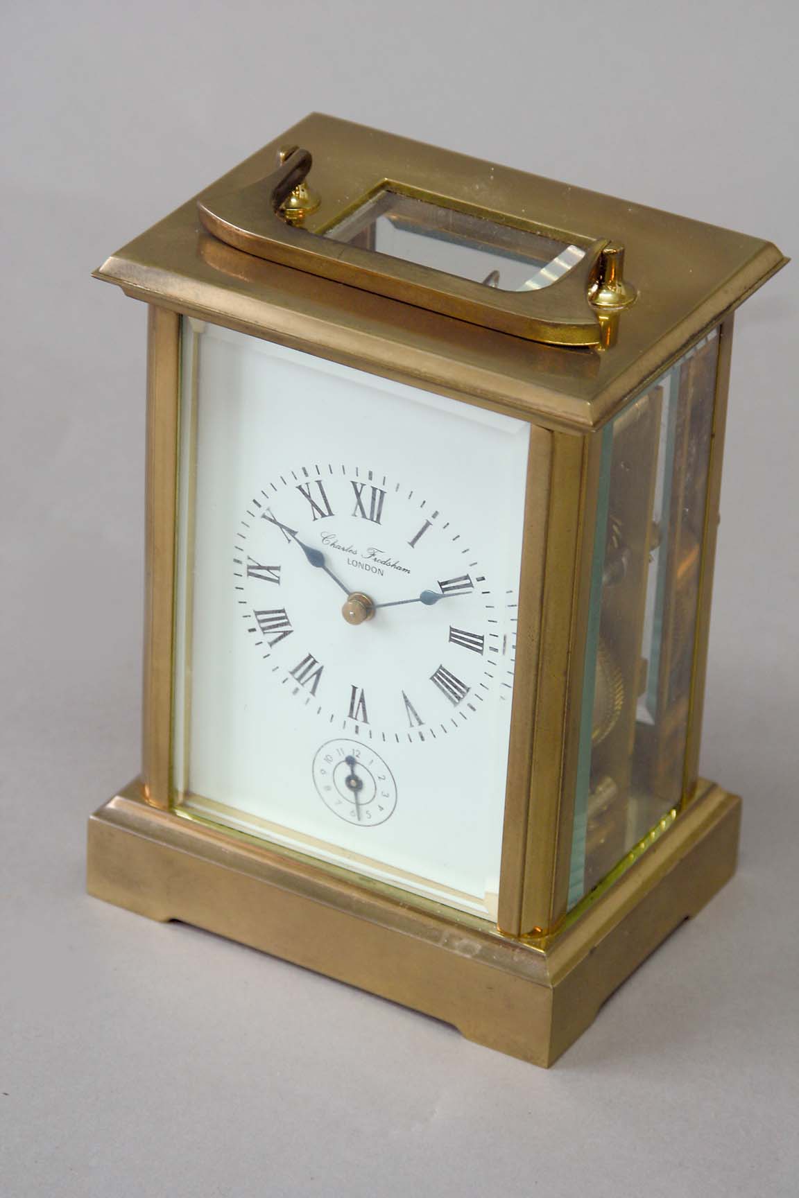 A CARRIAGE CLOCK dial white enamel, subsidiary alarum dial, signed Charles Frodsham, London,