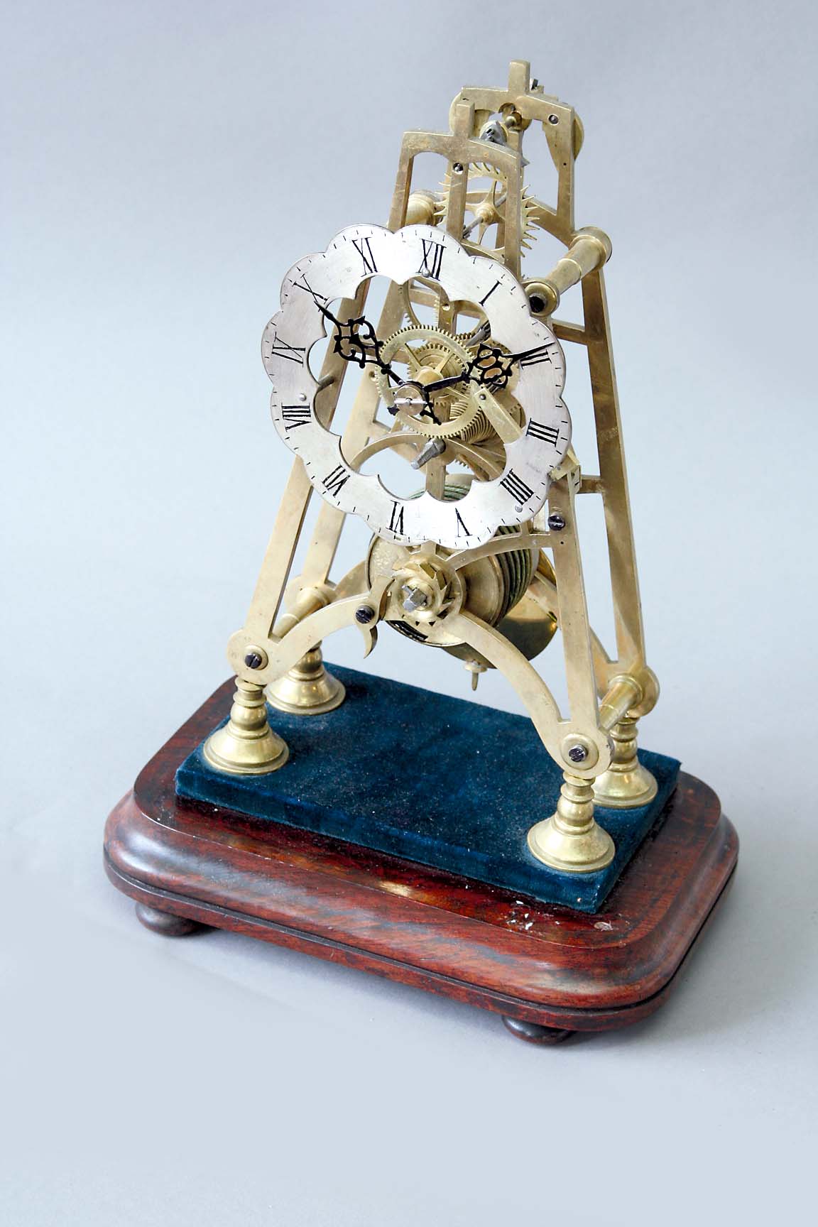 A SKELETON TIMEPIECE  dial lobed silvered chapter ring, movement fusee, with A plates, on a rosewood