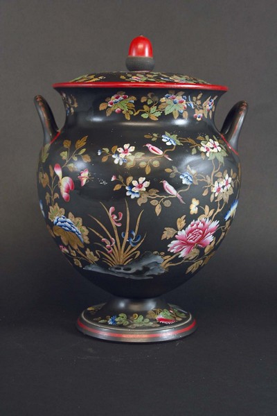 A WEDGWOOD BASALT POT POURRI VASE, COVER AND INNER LID encaustic painted in the famille rose palette