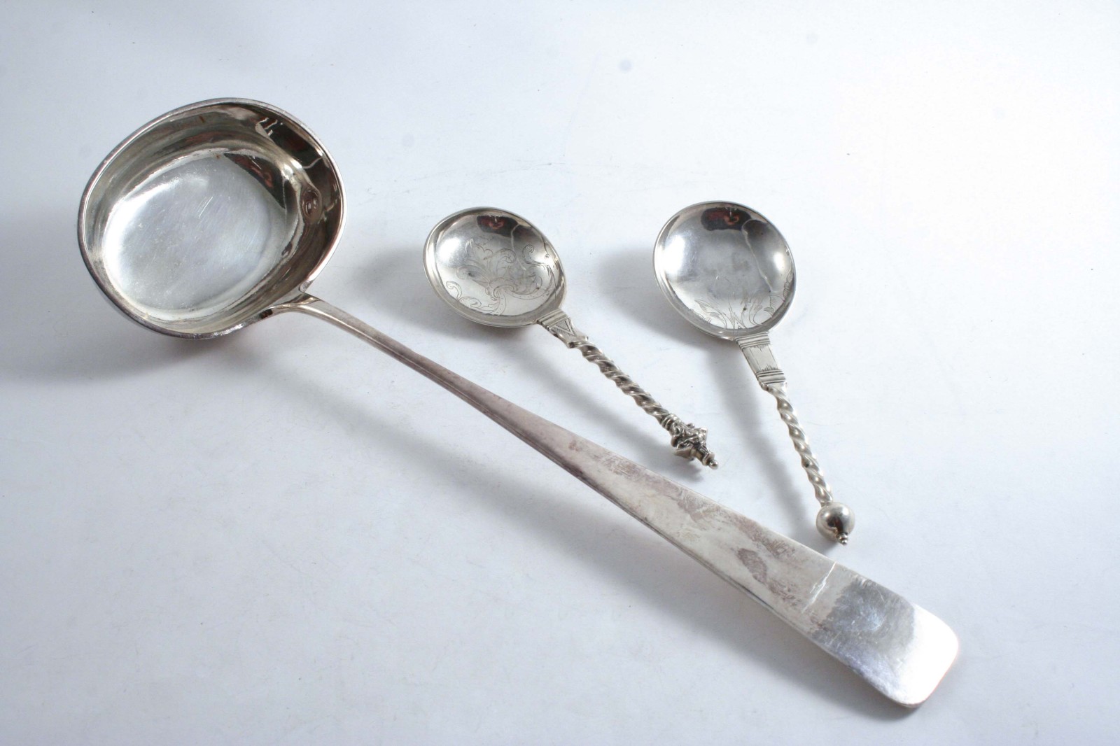 A CONTINENTAL SOUP LADLE pricked "M.H. Friedlander 1863", maker`s mark "E.Wobber", & two early
