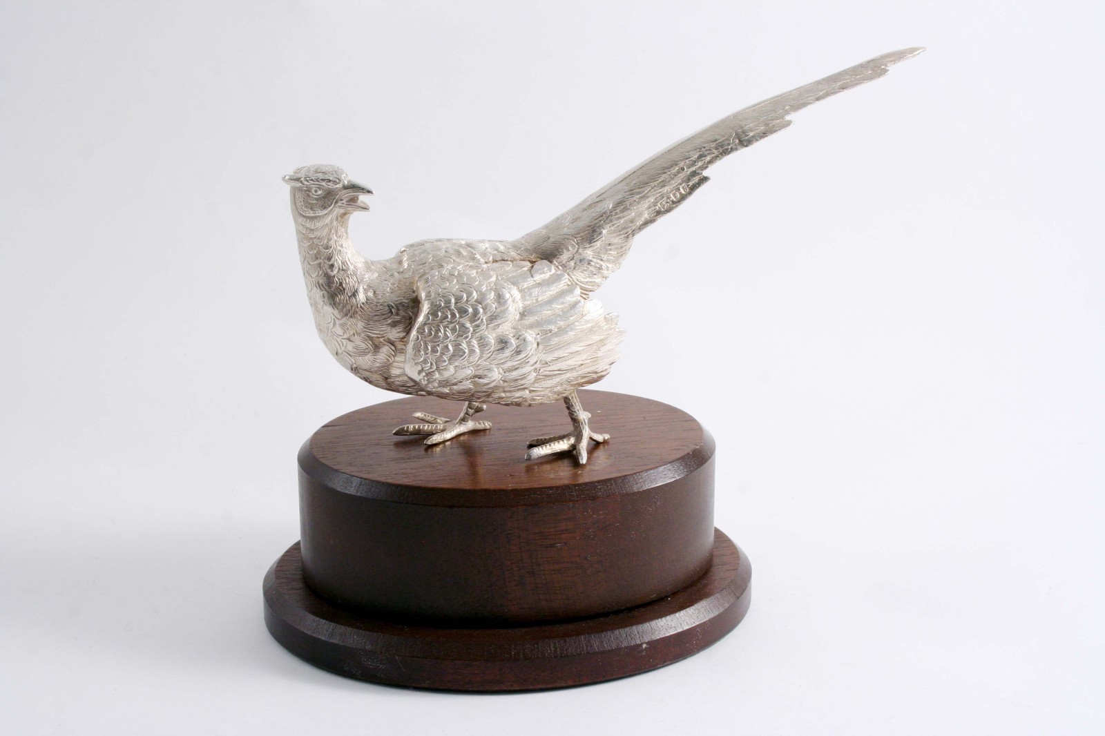 A MODERN CAST MODEL OF A COCK PHEASANT on an oval wooden base, by I. Freeman & son Ltd., London