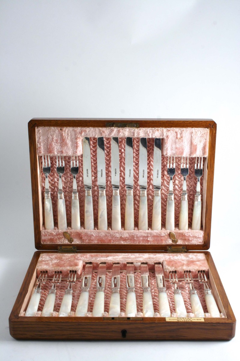 AN EDWARDIAN CASED SET OF TWELVE DESSERT/FRUIT KNIVES & TWELVE FORKS with mother of pearl handles,