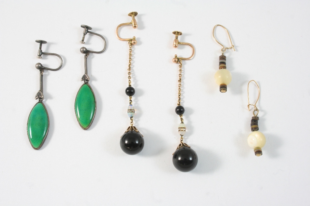 A PAIR OF BLACK ONYX AND OPAL DROP EARRINGS 5.5cm. long, together with two other pairs of drop