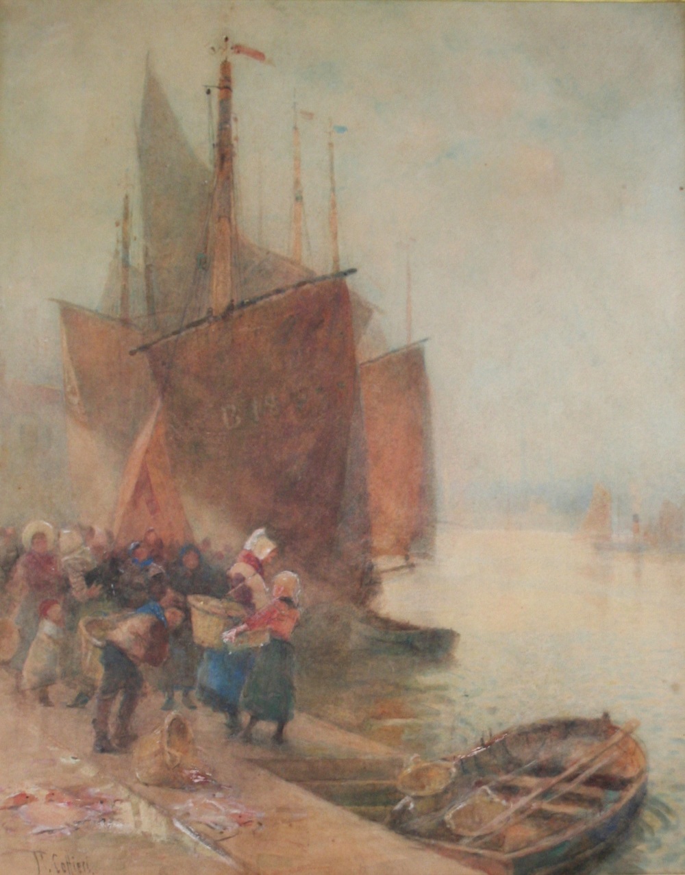 HECTOR CAFFIERI (1847-1932) AT THE QUAYSIDE Signed, watercolour 57 x 45cm. ++ Some spots of
