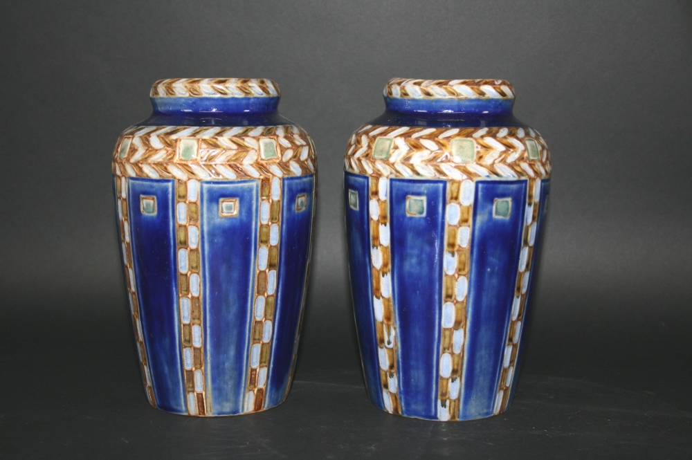 PAIR OF ROYAL DOULTON VASES circa 1930`s, with a Chevron design around the top and vertical blue