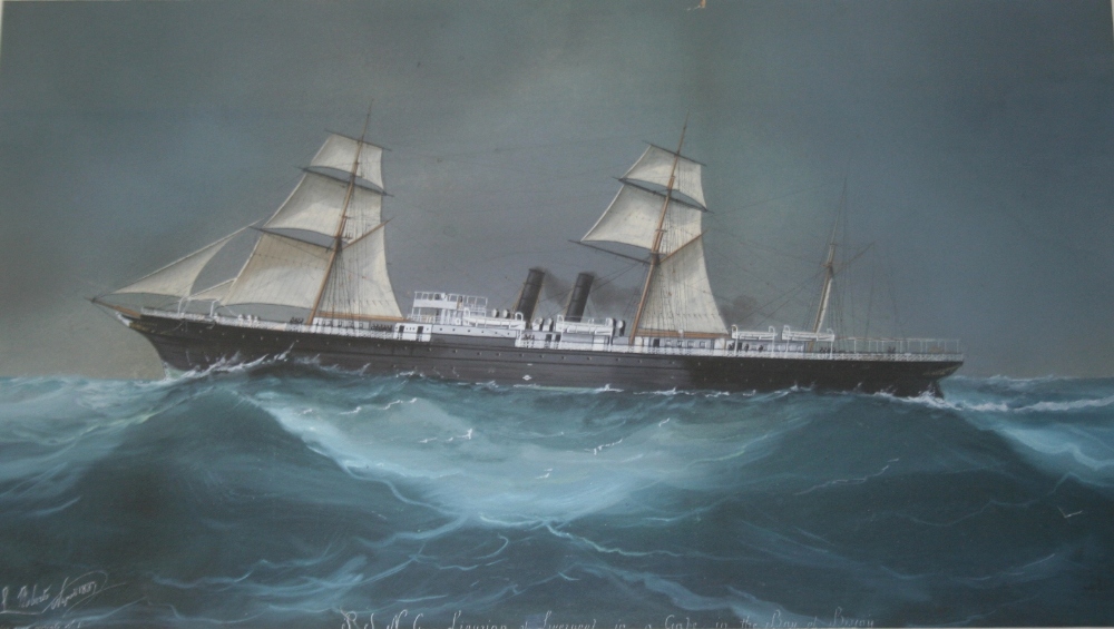LUIGI ROBERTO (1845-1910) RSNC LIGURIA OF LIVERPOOL IN A GALE IN THE BAY OF BISCAY Signed and