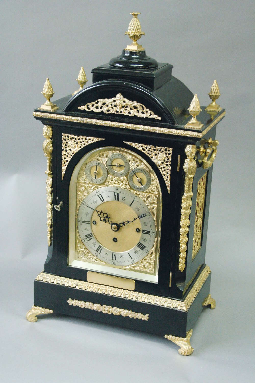 AN EBONISED MANTEL CLOCK dial 7 inch silvered chapter ring, subsidiary chime/silent, fast/slow and