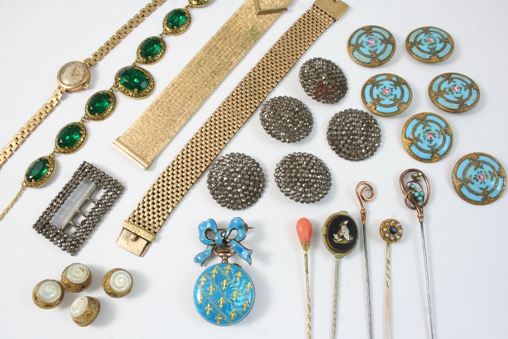 A QUANTITY OF JEWELLERY including a turquoise guilloche enamel and silver pocket watch, a 9ct.