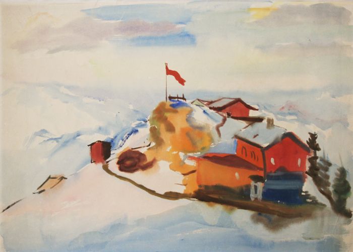 Kitt, Ferdinand  (1887 - 1961)  Mountain Station  Watercolour  17x23.6"  Framed      Starting price: