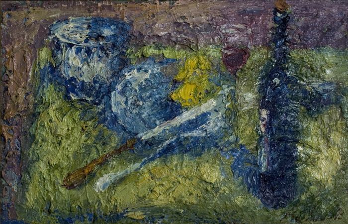 Andreas, Hans  (geb. 1947)  Still Life with Bottle, 1993  Oil on canvas  Signed lower right, verso